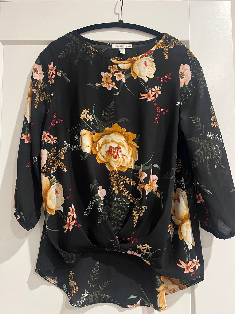 Moa Moa Black Floral Twist-Hem Blouse with Yellow Rose Print